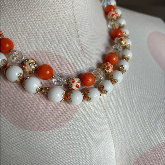 Vintage Wedding Cake Double Strand Glass Beads Orange Necklace - Picture 2 of 6